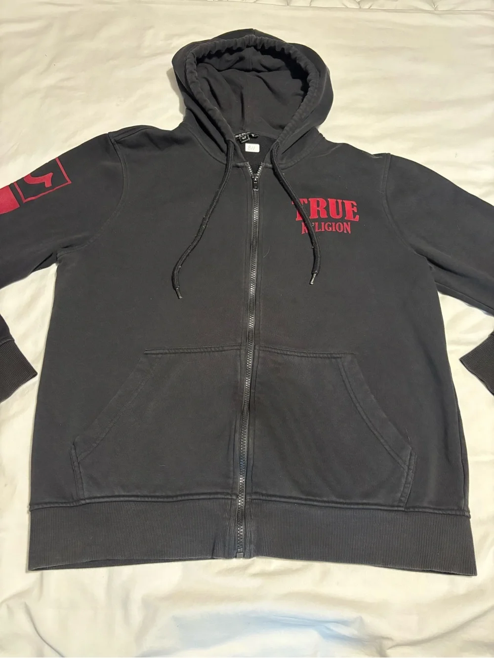 True Religion Men's Large Full Zip Hooded Hoodie w/ Pockets Black Red Logo